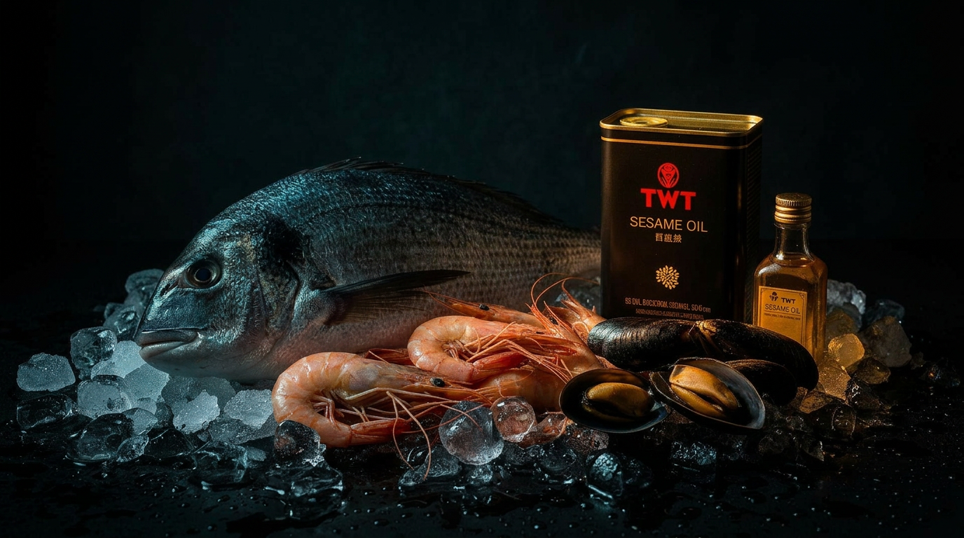 Premium seafood and sesame oil composition on ice